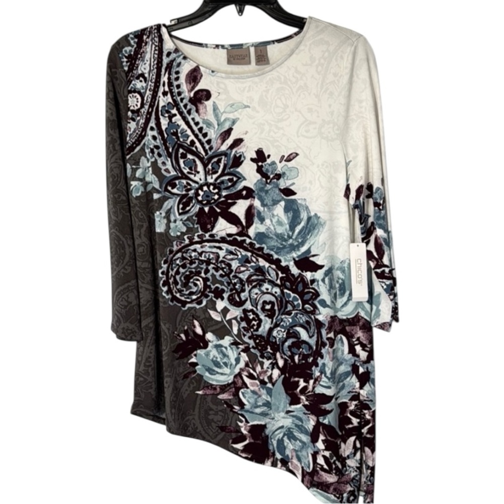 Chico's Top White/Grey‎ Asymmetrical 3/4 Sleeve in Size M/1  NWT
